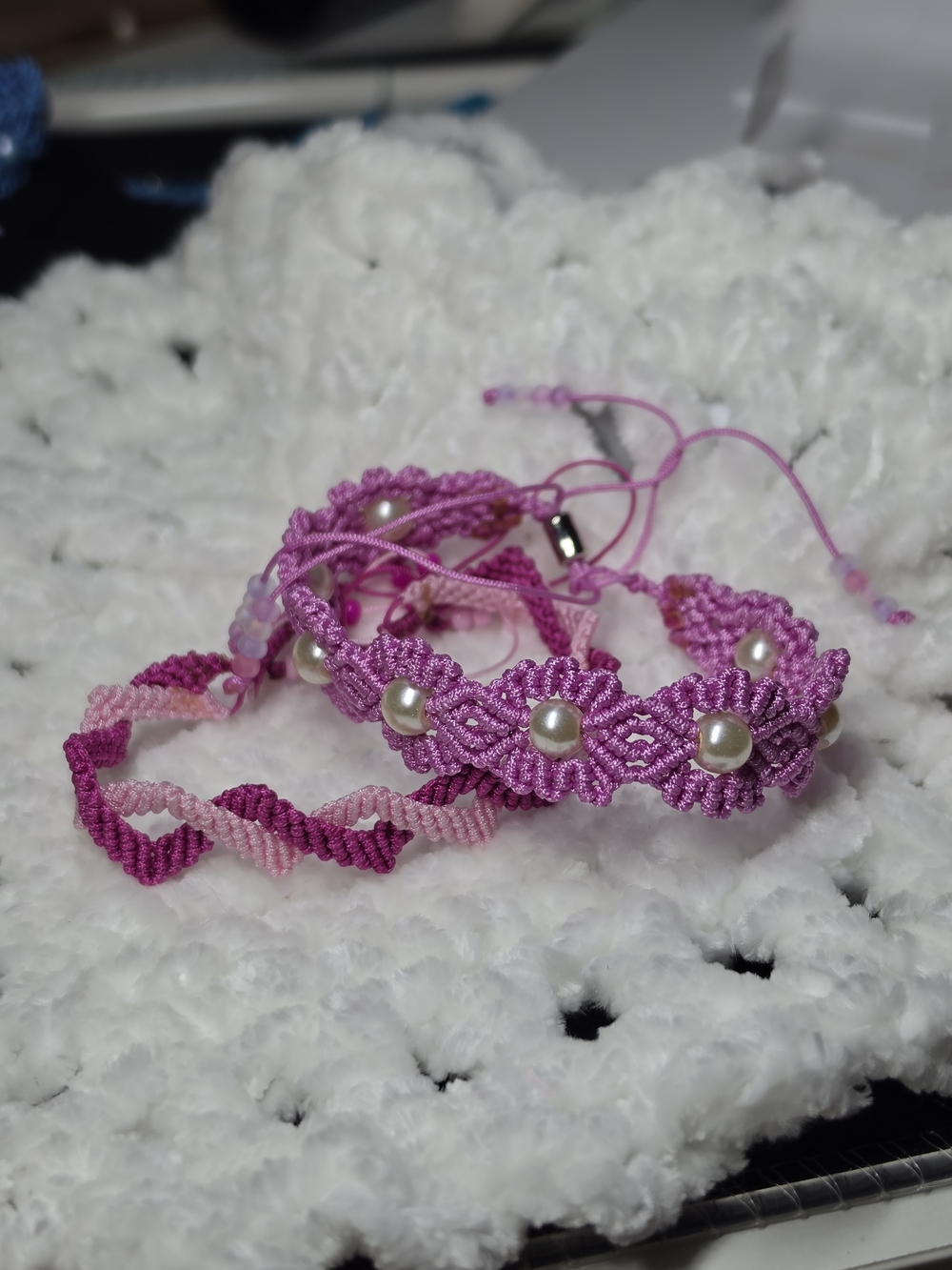 Adjustable Pink Macrame Bracelet Set with Pearl Beads